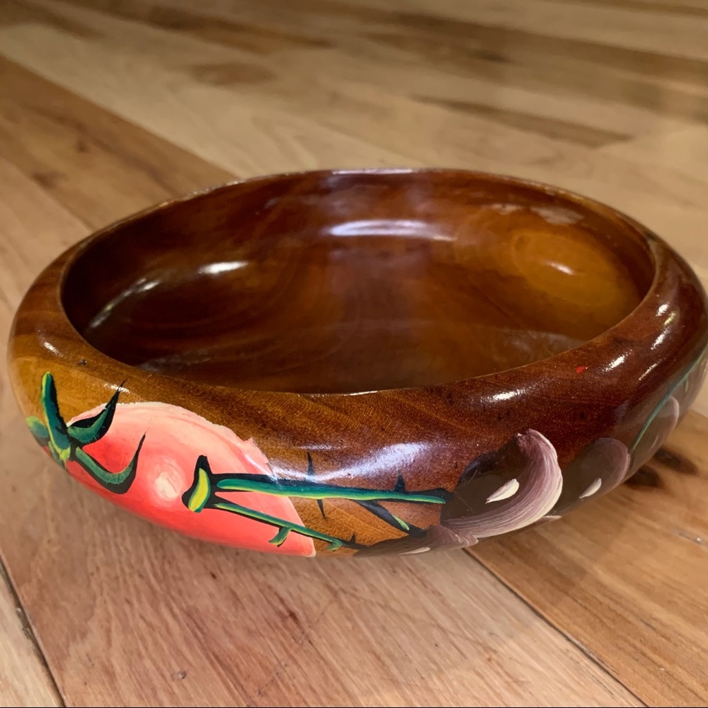 Vintage Wooden Bowl Hand Painted Fruit Round